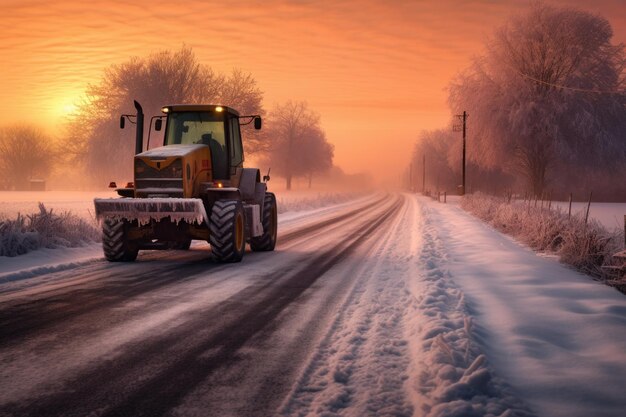 Sneeuwploeg die bij zonsopgang een landelijke weg opruimt, gemaakt met generatieve ai