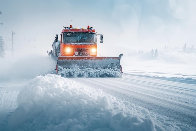Sneeuwploeg verwijdert de sneeuw van de snelweg tijdens een sneeuwstorm
