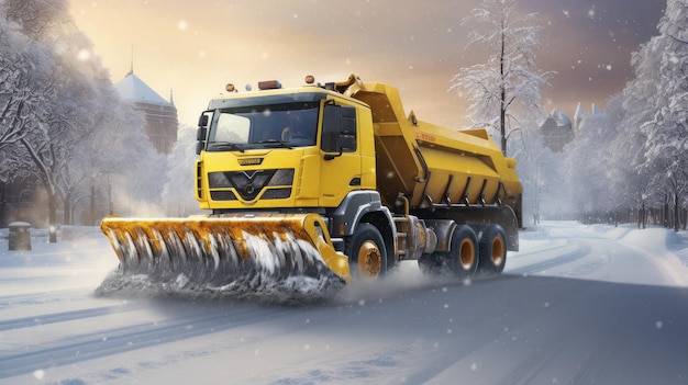 Sneeuwploegwagen hard aan het werk om tijdens een sneeuwstorm efficiënt sneeuw van de weg te verwijderen