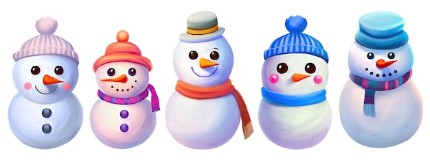 Sneeuwpop collectie zes schattige sneeuwmannen karakters op een rij lachend met sjaals en hoeden geïsoleerd op witte achtergrond cartoon digitale afbeelding