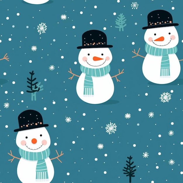Sneeuwpop in een blauwe trui met sneeuwvlokken op de achtergrond.