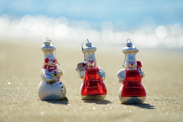 Sneeuwpop in kerstmuts op het zeestrand nieuwjaar en kerstvakantie