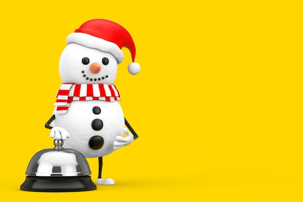 Sneeuwpop in Santa Claus Hat Character Mascot met Hotel Service Bell Call op een gele achtergrond. 3D-rendering