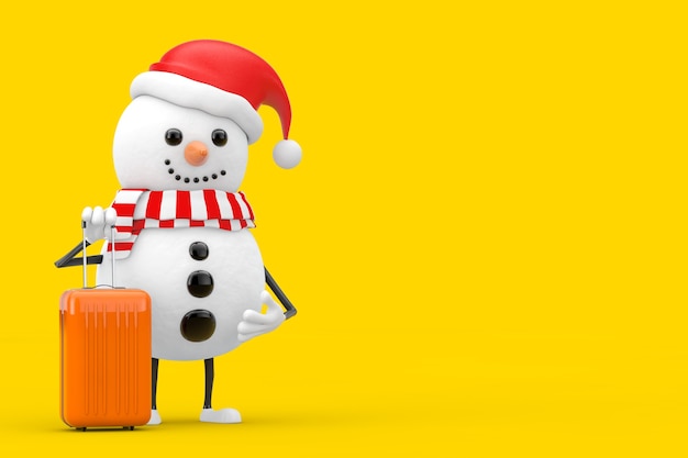 Sneeuwpop in Santa Claus Hat Character Mascot met oranje reiskoffer op een gele achtergrond. 3D-rendering