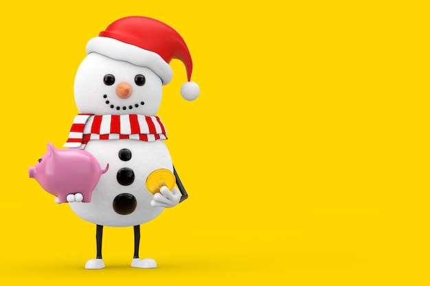 Sneeuwpop in Santa Claus Hat Character Mascot met Piggy Bank en Golden Dollar Coin op een gele achtergrond. 3D-rendering