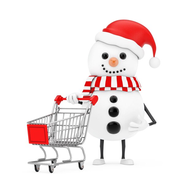 Sneeuwpop in Santa Claus Hat Character Mascot met Shopping Cart Trolley op een witte achtergrond. 3D-rendering