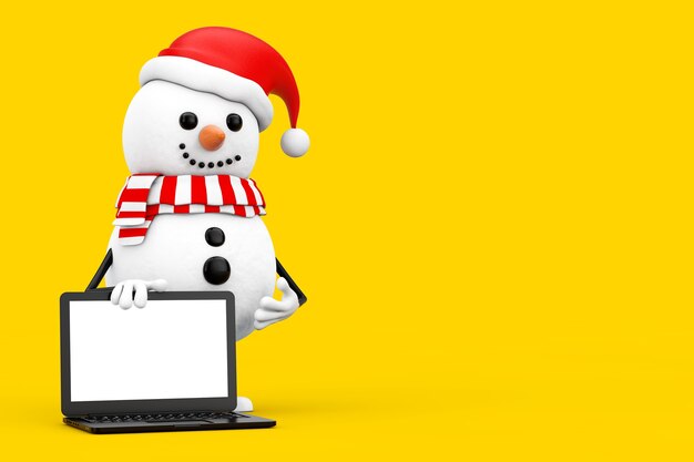 Sneeuwpop in Santa Claus Hat karakter mascotte en moderne laptop notebookcomputer met leeg scherm voor uw ontwerp op een witte achtergrond. 3D-rendering