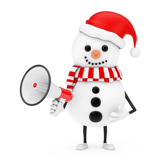 Sneeuwpop in Santa Claus Hat karakter mascotte met rode retro megafoon op een witte achtergrond. 3D-rendering