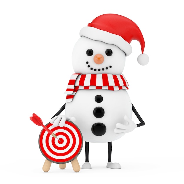 Sneeuwpop in Santa Claus Hat Person Character met Boogschieten Target met Dart in Center op een witte achtergrond. 3D-rendering