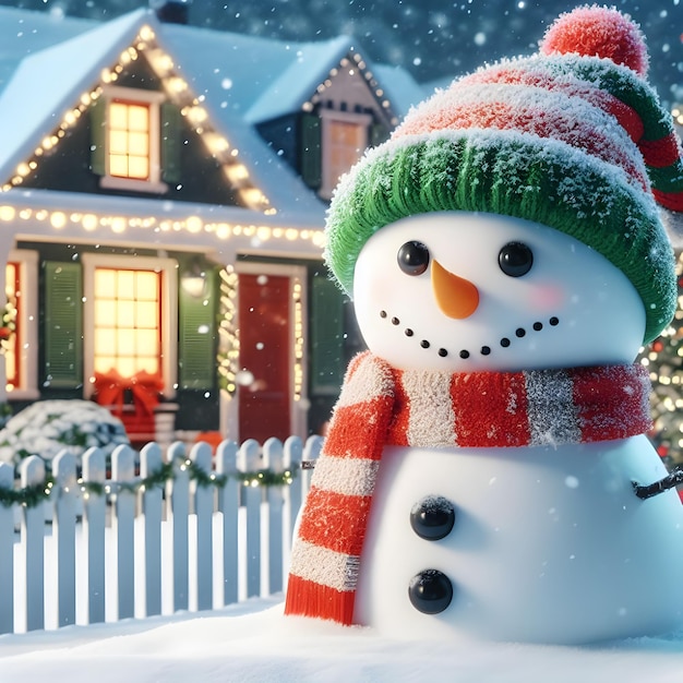 Sneeuwpop met bezem en kerstboom op de achtergrond 3d-illustratie