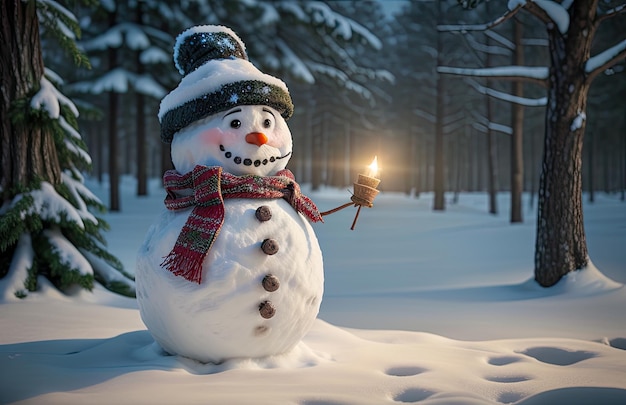 Sneeuwpop met een fakkel in de sneeuw