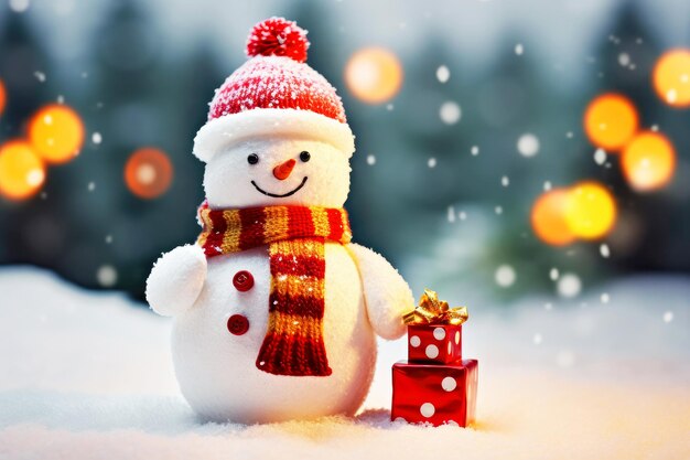 Sneeuwpop met geschenken op een winterse achtergrond