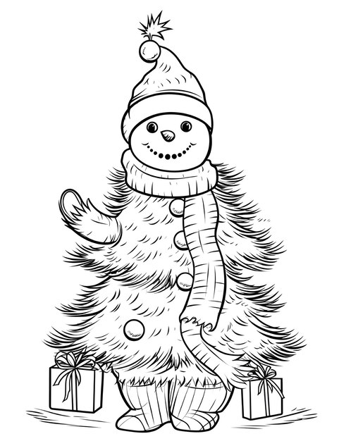 Foto sneeuwpop met kerstboom kleurplaat voor kinderen