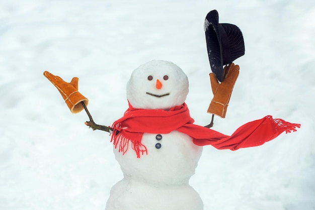 Sneeuwpop met muts en sjaal in de winter buiten hallo winter gelukkig lachende sneeuwman op zonnige winterdag