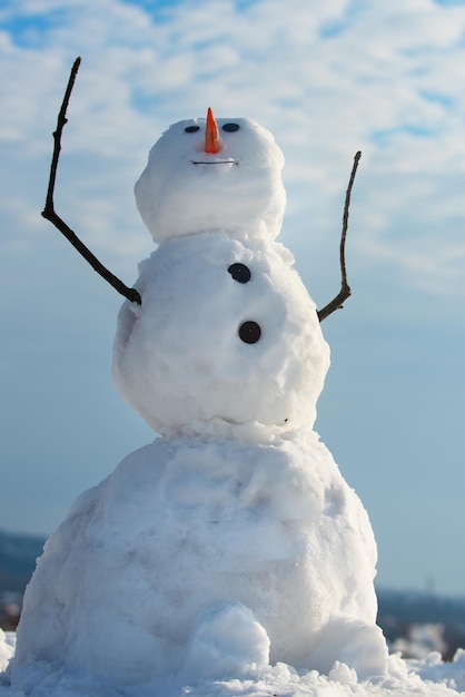 Sneeuwpop wenst u prettige kerstdagen. Fijne wintertijd. Grappige sneeuwmannen. Schattige kleine sneeuwpop buiten. Nieuwjaarsconcept. Sneeuw mannen.