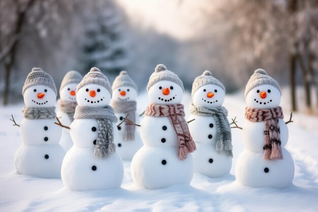 Foto sneeuwpopgroep in het winterbos vrolijke sneeuwpoppen staan in een besneeuwde weide generatieve ai