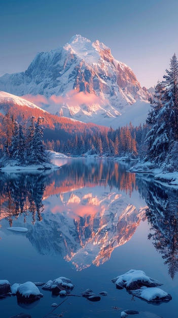 sneeuwrijke berg weerspiegeld in een meer met rotsen en bomen generatieve ai