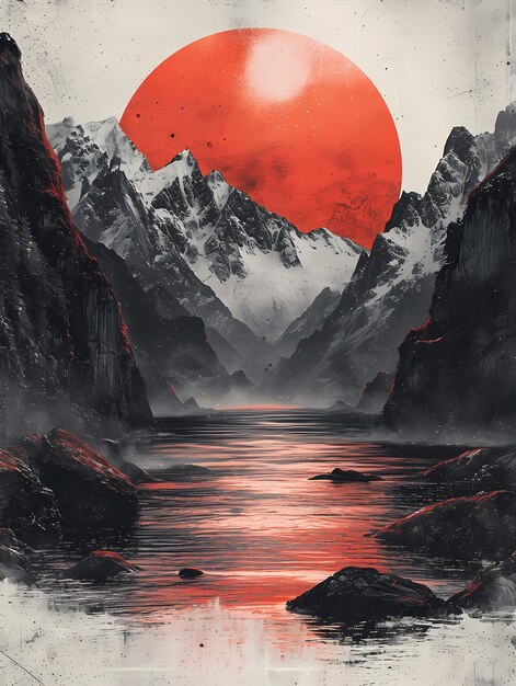sneeuwrijke bergen met rode zon poster achtergrond