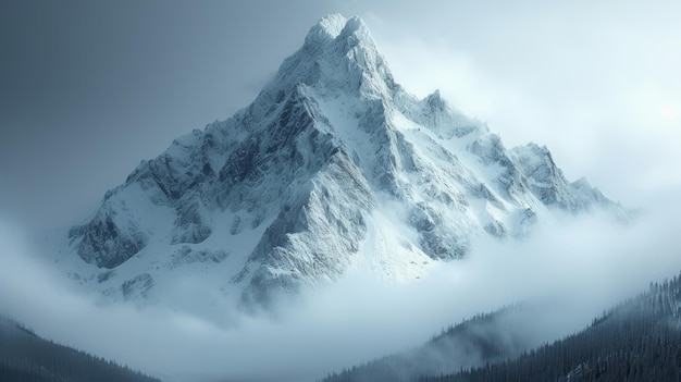 Sneeuwrijke bergtop in de wolken 3D-rendering illustratie Generatieve AI