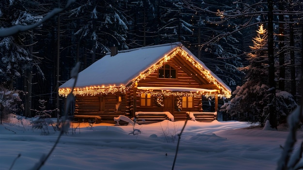 Sneeuwrijke boshut met kerstverlichting's nachts Realistische afbeelding