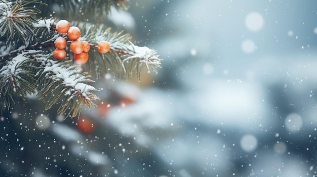 Foto sneeuwrijke kerstboom op een winter achtergrond met copyspace close-up