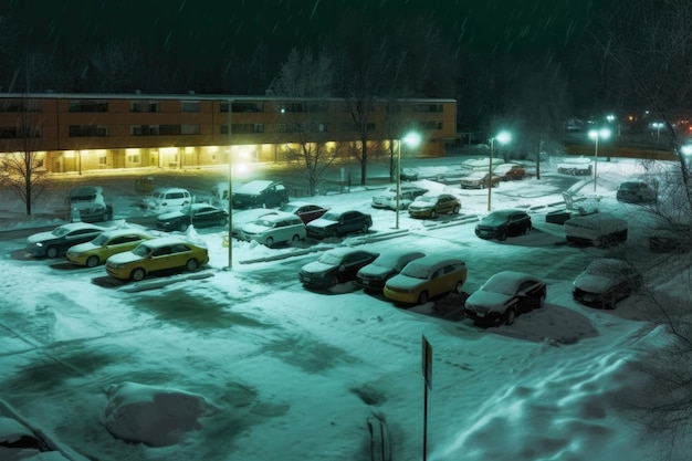 Sneeuwrijke nacht op een verlichte parkeerplaats met met sneeuw bedekte auto's gecreëerd met generatieve AI