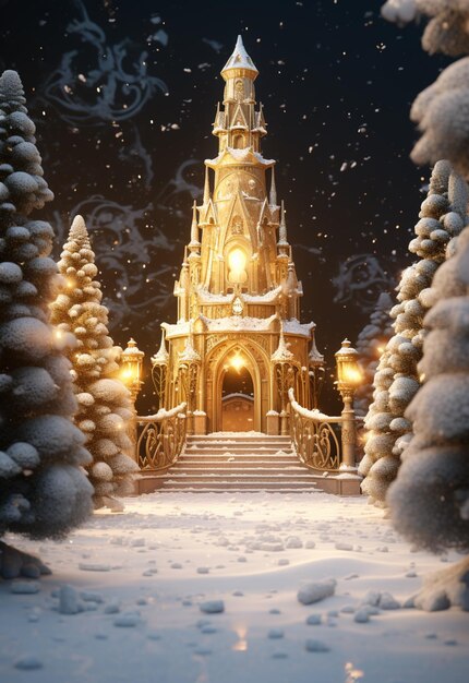 sneeuwrijke scène van een kasteel met een trap die ertoe leidt generatieve ai