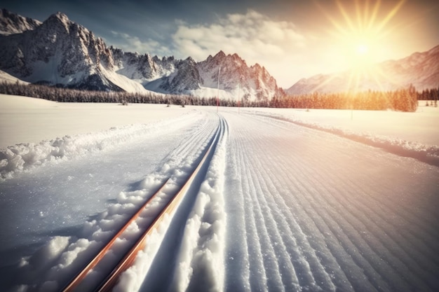 Sneeuwrijke treinspoor met majestueus berglandschap Generatieve AI