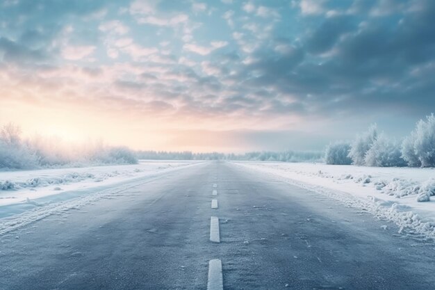 sneeuwrijke weg in de ochtend mooi sfeervolle uitzicht