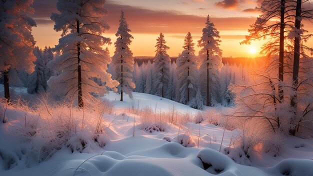 Sneeuwrijke zonsondergang landschap