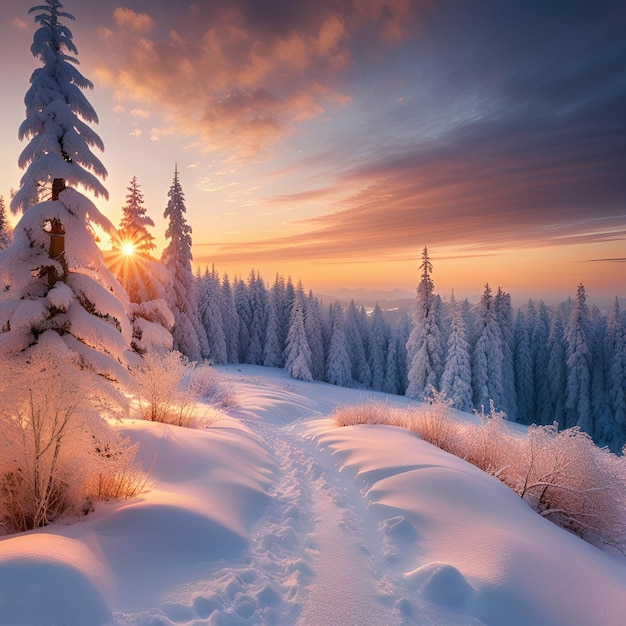 Foto sneeuwrijke zonsondergang landschap