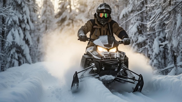 sneeuwscooter op een bosweg in generatieve ai in de wintersneeuw