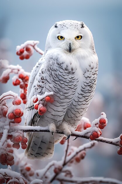 Foto sneeuwuil die op een met vorst bedekte tak zit