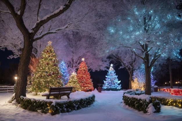 Sneeuwval in een winterpark's nachts met Kerstmis