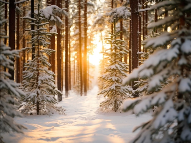 Sneeuwval in het winterbos van naaldbomen in de nabijheid avond zonnestralen die door de bomen breken in de dichtheid