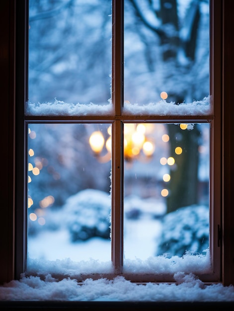 Sneeuwval in het winterwoud op de achtergrond van het raam