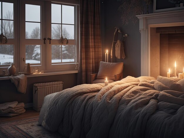 Sneeuwval Serenity Winter slaapkamer Bliss in een houten huis