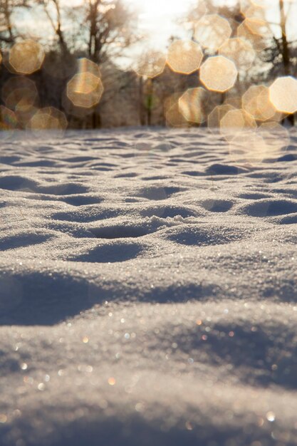 Foto sneeuwverstuivingen in de winter, diepe sneeuwverstuivingen na de laatste sneeuwval, koud winterweer na de sneeuwval