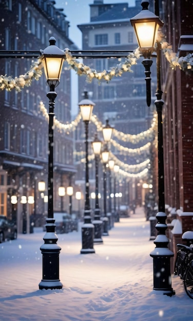 Sneeuwvlokken dansen rond een verlichte lantaarnpaal versierd met slingers 's avonds besneeuwde straat afstandsschot