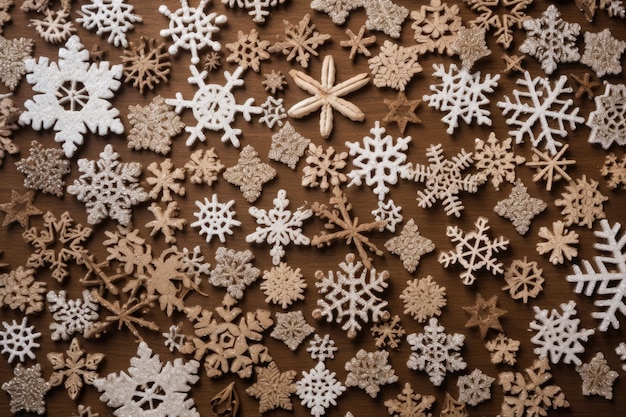 Sneeuwvlokken die een rustieke houten tafel bedekken Generatieve AI