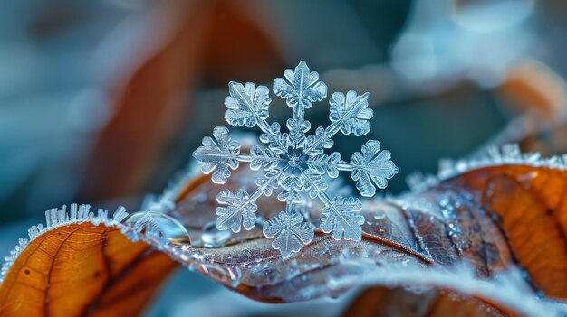 Sneeuwvlokken die op een blad landen en samensmelten in ingewikkelde vorstpatronen