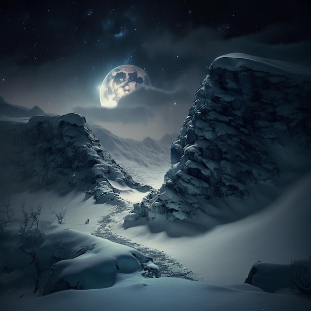 Sneeuwvol berglandschap met een volle maan en een pad generatief ai
