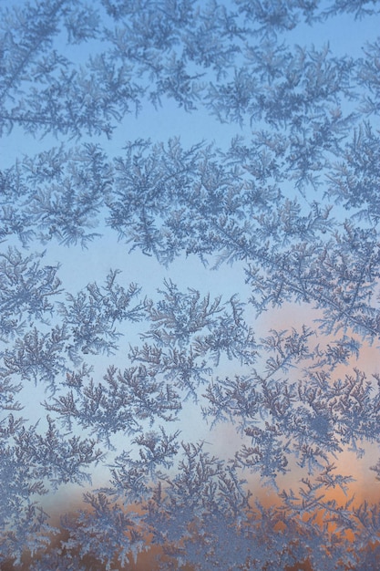 sneeuwvorst in de vorm van natuurlijke patronen op de ruit tegen de achtergrond