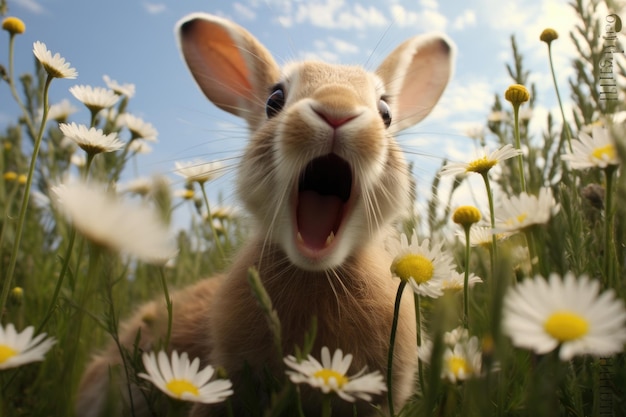 Чихающий кролик в поле ромашек