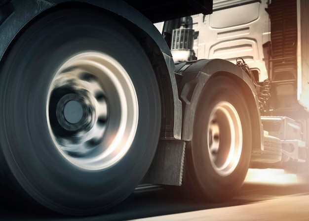 Snel draaiende vrachtwagenwielen Vrachtwagensnelheid rijden op de weg Transport