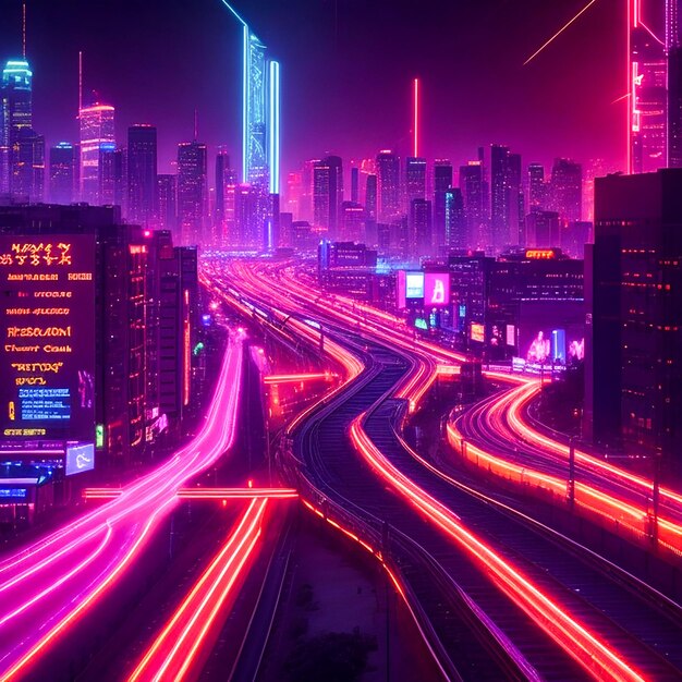 Snel rijdende auto's vervagen in de verlichte skyline van de stad gegenereerd door AI