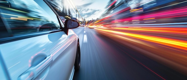 Foto snel rijdende auto zoomt de snelweg in hoge versnelling af