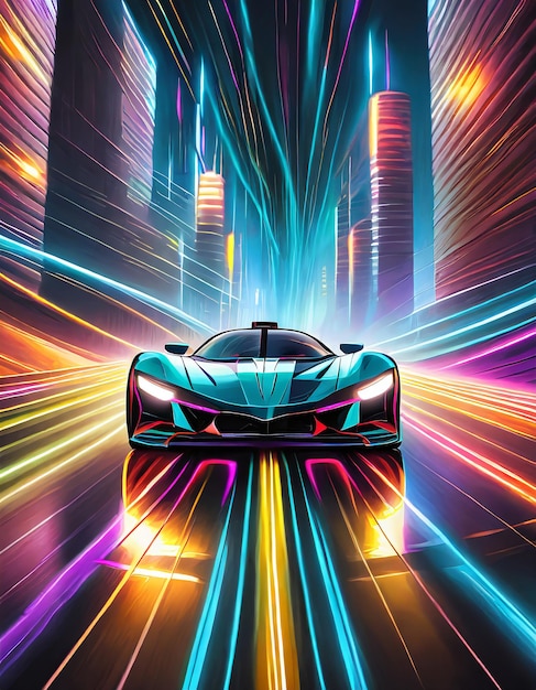 Snel sportwagen op Neon Highway Krachtige versnelling van een supercar op een nachtbaan