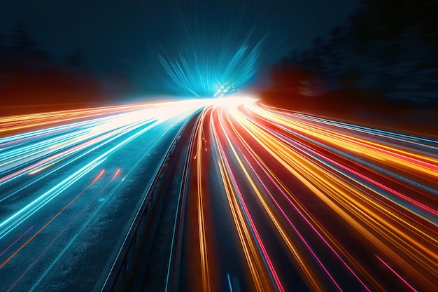 Snelheidslicht achtergrond met nachtelijke verkeerspaden op de snelweg