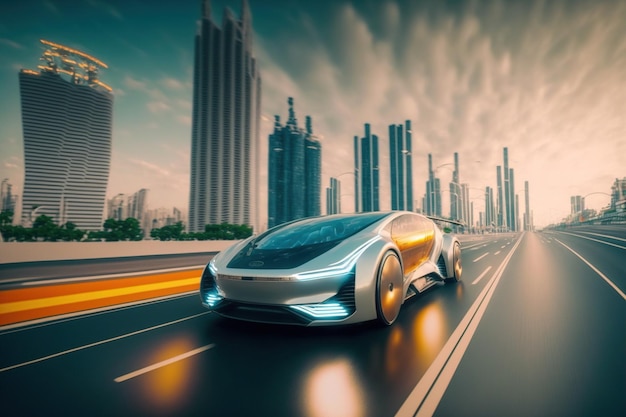 Snelle elektrische auto met futuristische autonome sensorsoftware die op de weg rijdt